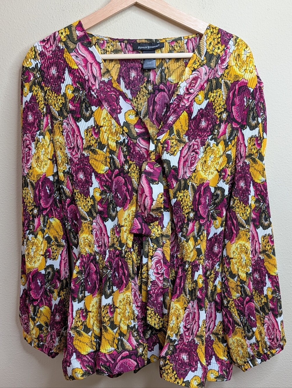 Ashley Stewart Pleated Floral Blouse - Plus Size 18/20 - Magenta and Gold Floral